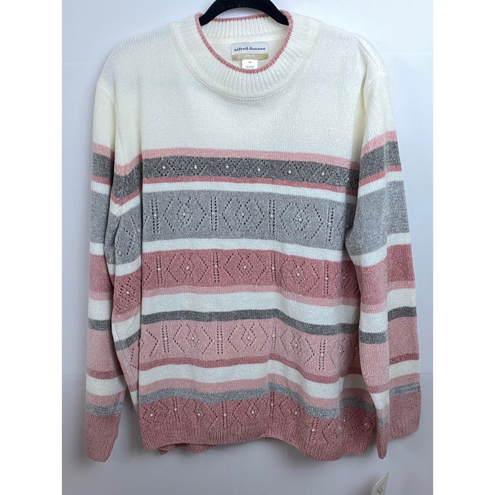 Alfred Dunner Sweater Women 3X Pink White Gray Pearl Striped Pointelle Soft Girl